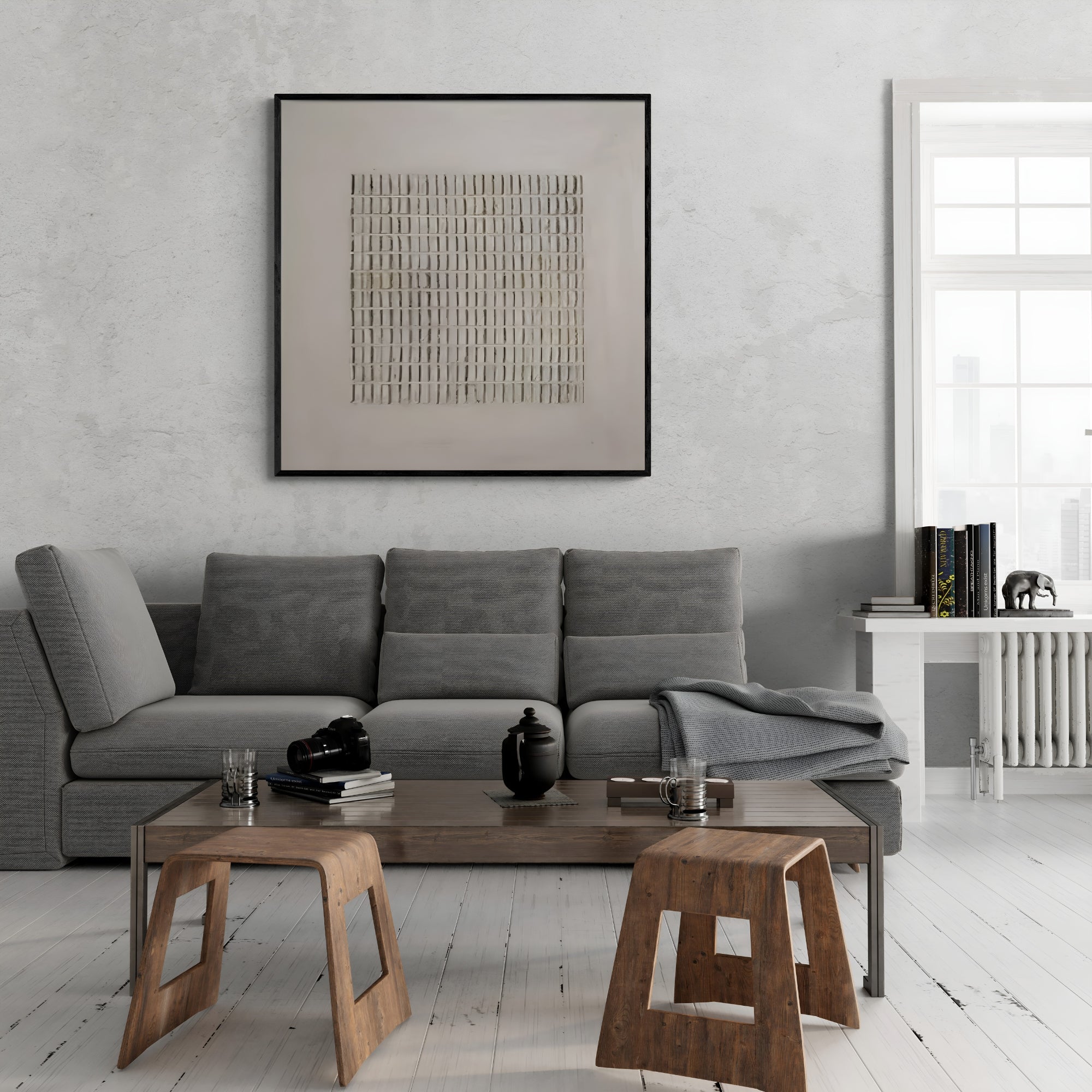 Handmade wabi-sabi oil painting with textured grid design, minimalist abstract wall art for modern and Japandi-inspired interiors.