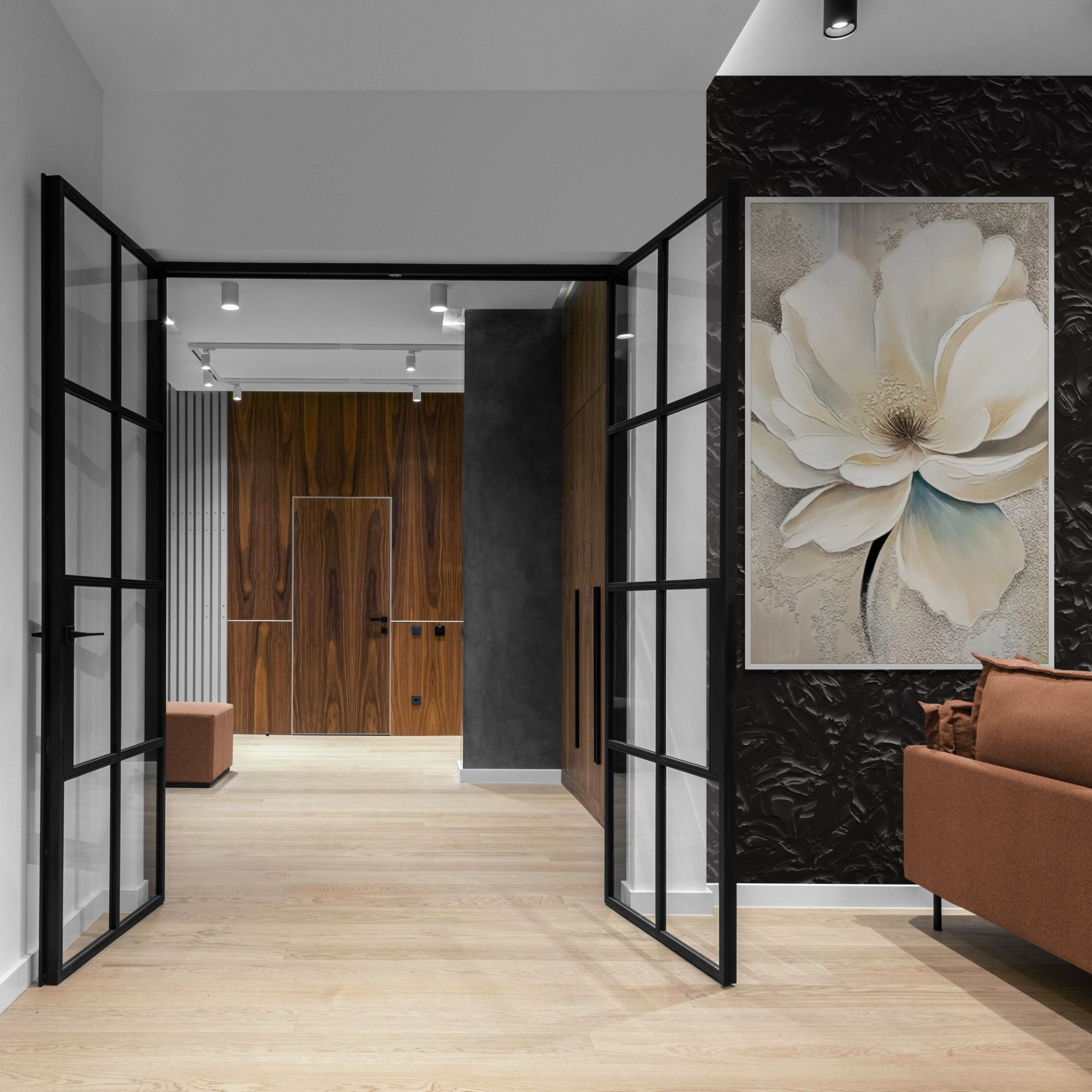 Soft white blossom painting, handcrafted for hallways, guest rooms, or boutique hotel lobbies.