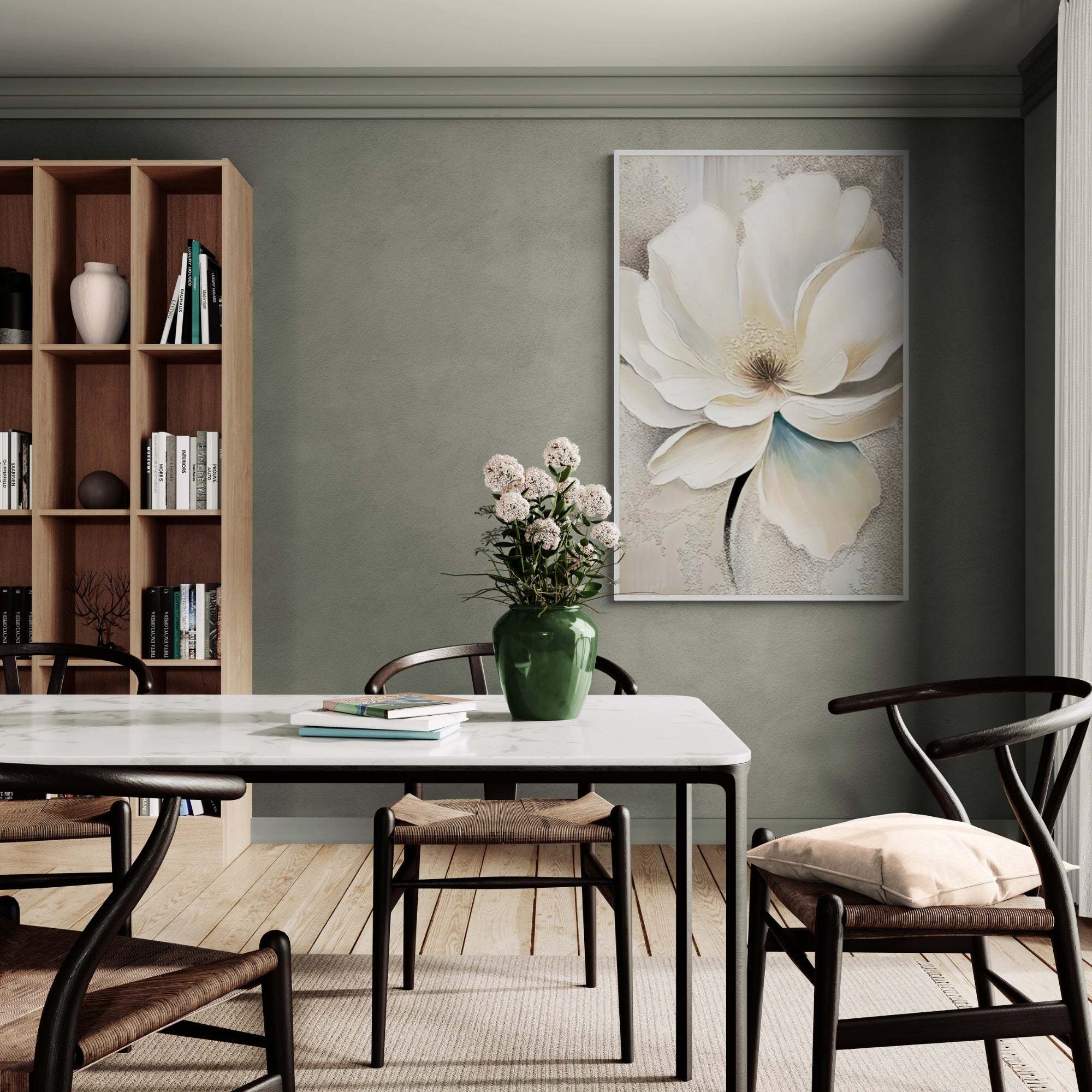 Elegant floral artwork with beige and ivory hues, ideal for modern living rooms or reception spaces.