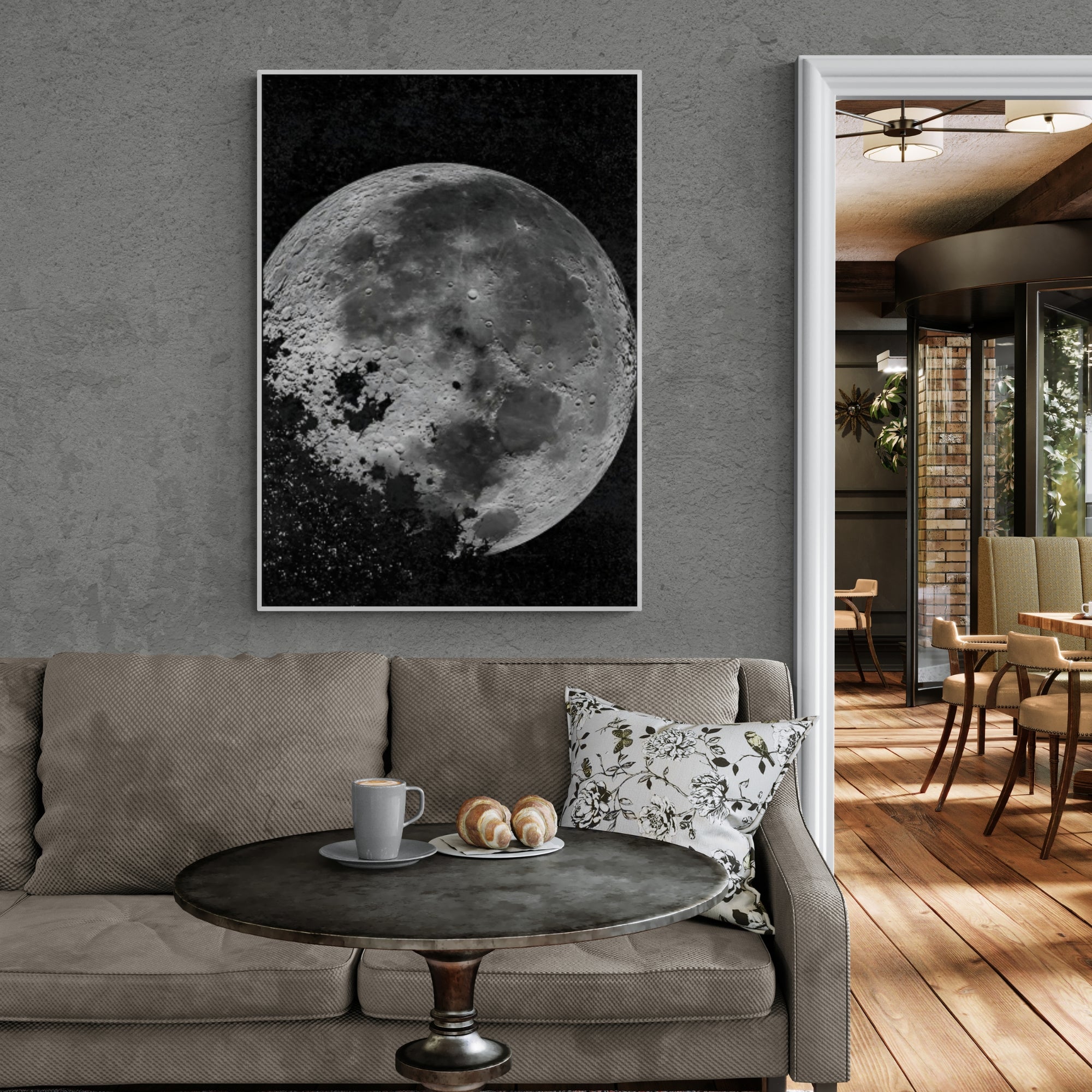 Handmade moon artwork, a stunning choice for reading nooks or media rooms seeking a cosmic accent.