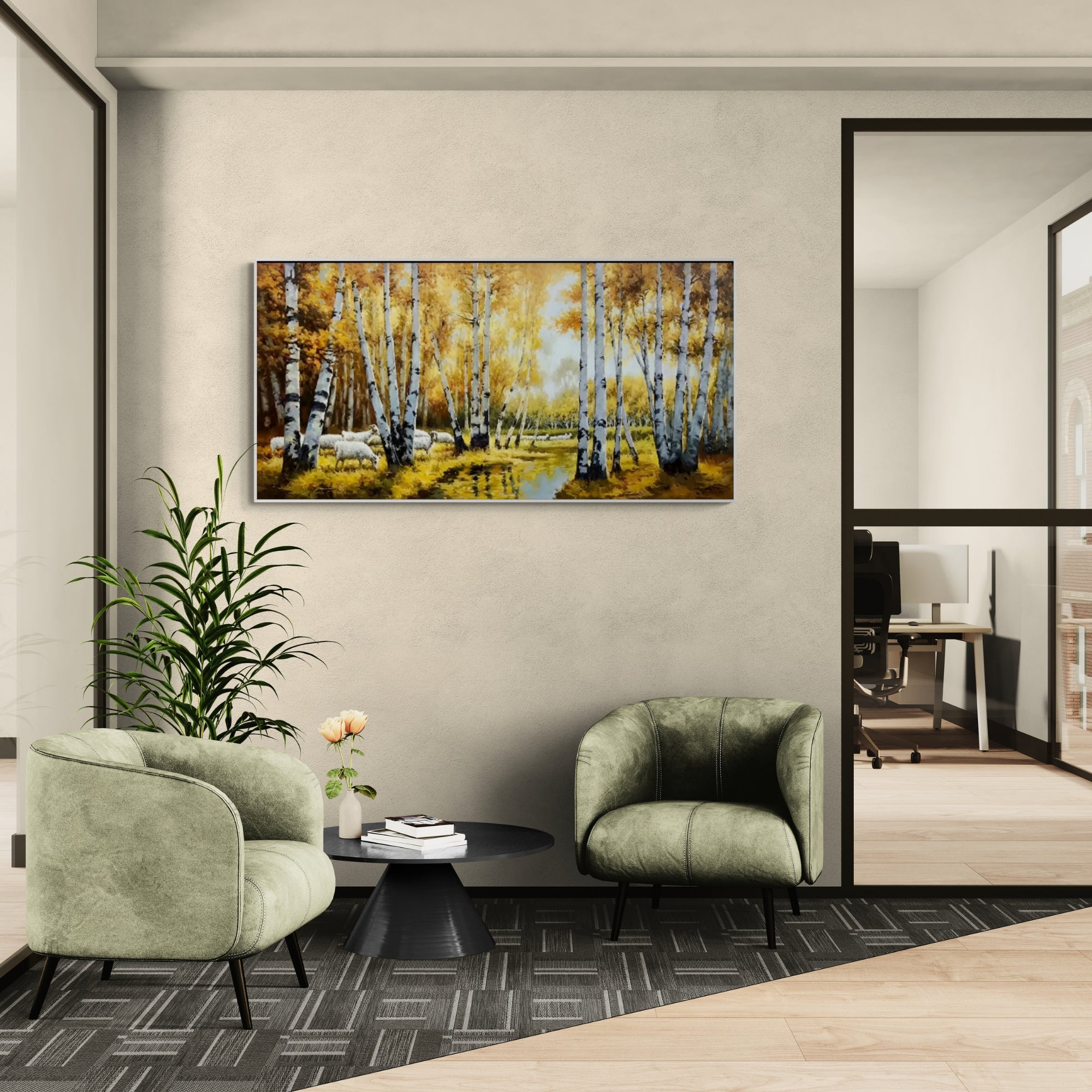 Handmade oil painting of autumn woods, ideal for office waiting areas or home libraries.