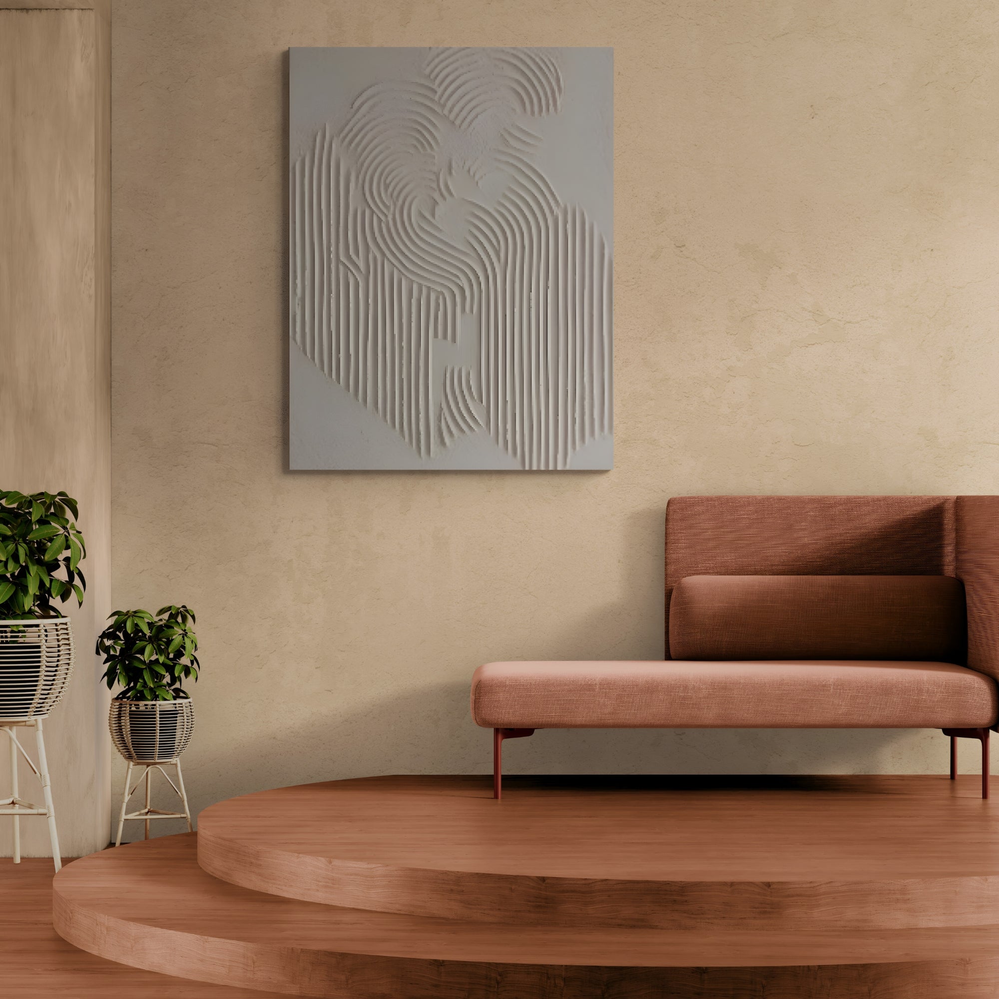 Handmade textured abstract painting in soft neutral tones – modern minimalist Wabi-Sabi style wall art in a cozy contemporary interior