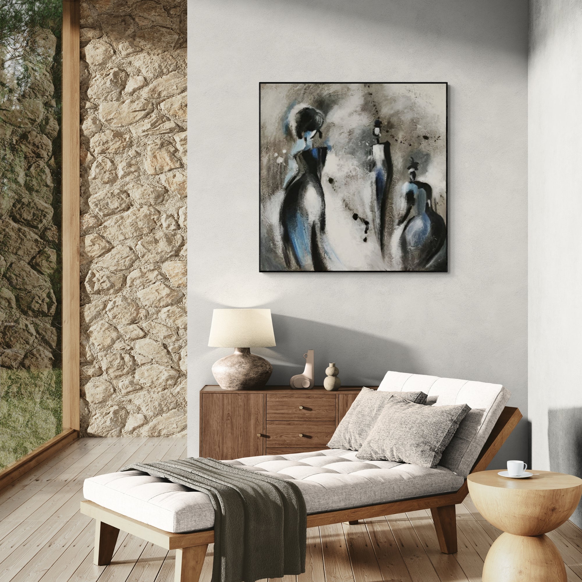 Abstract figurative art that pairs beautifully with wood and stone elements in modern homes.