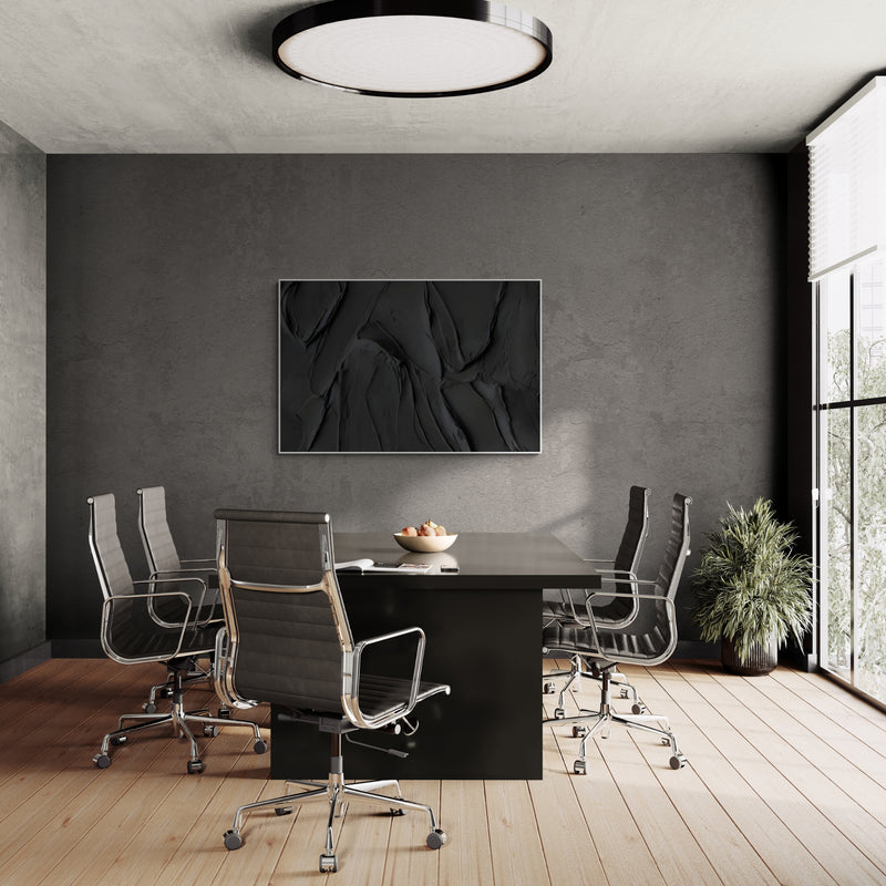 A handmade black textured painting, perfect for sophisticated office or conference spaces.