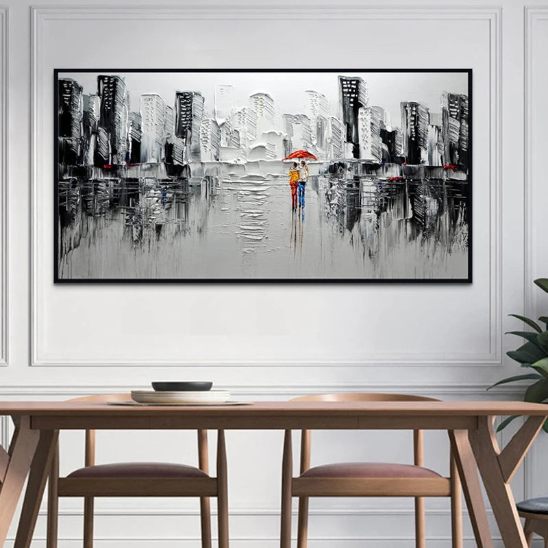 Romantic rainy day city painting, handcrafted and fitting for contemporary interiors or hotel lounges.