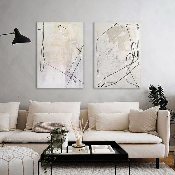 Hand-painted 2-panel line artwork in soft tones, adds elegance to minimalist interiors and modern living areas