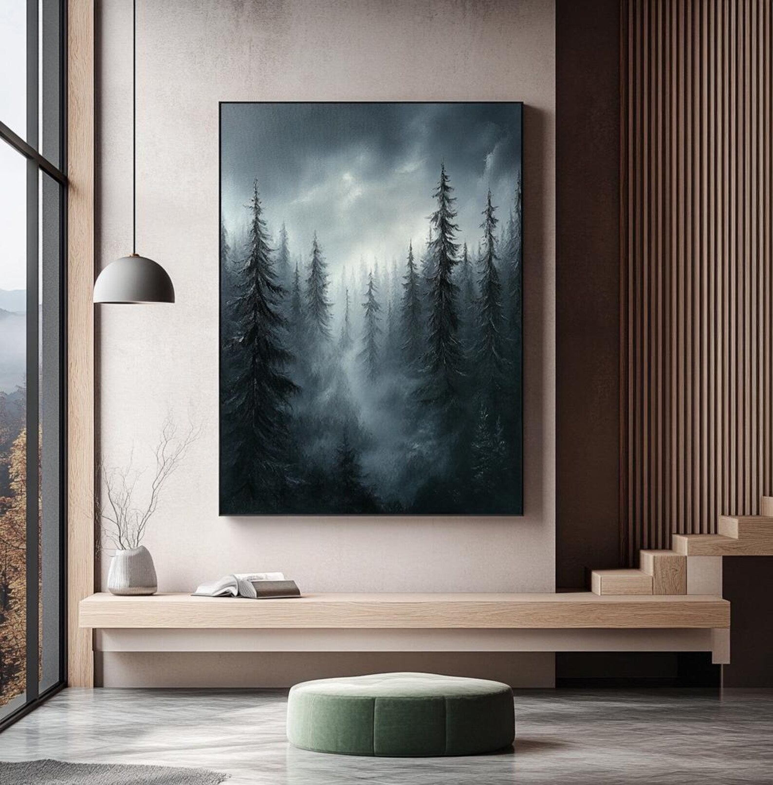 Misty pine tree landscape in oil, ideal wall art for serene bedrooms or calming creative spaces