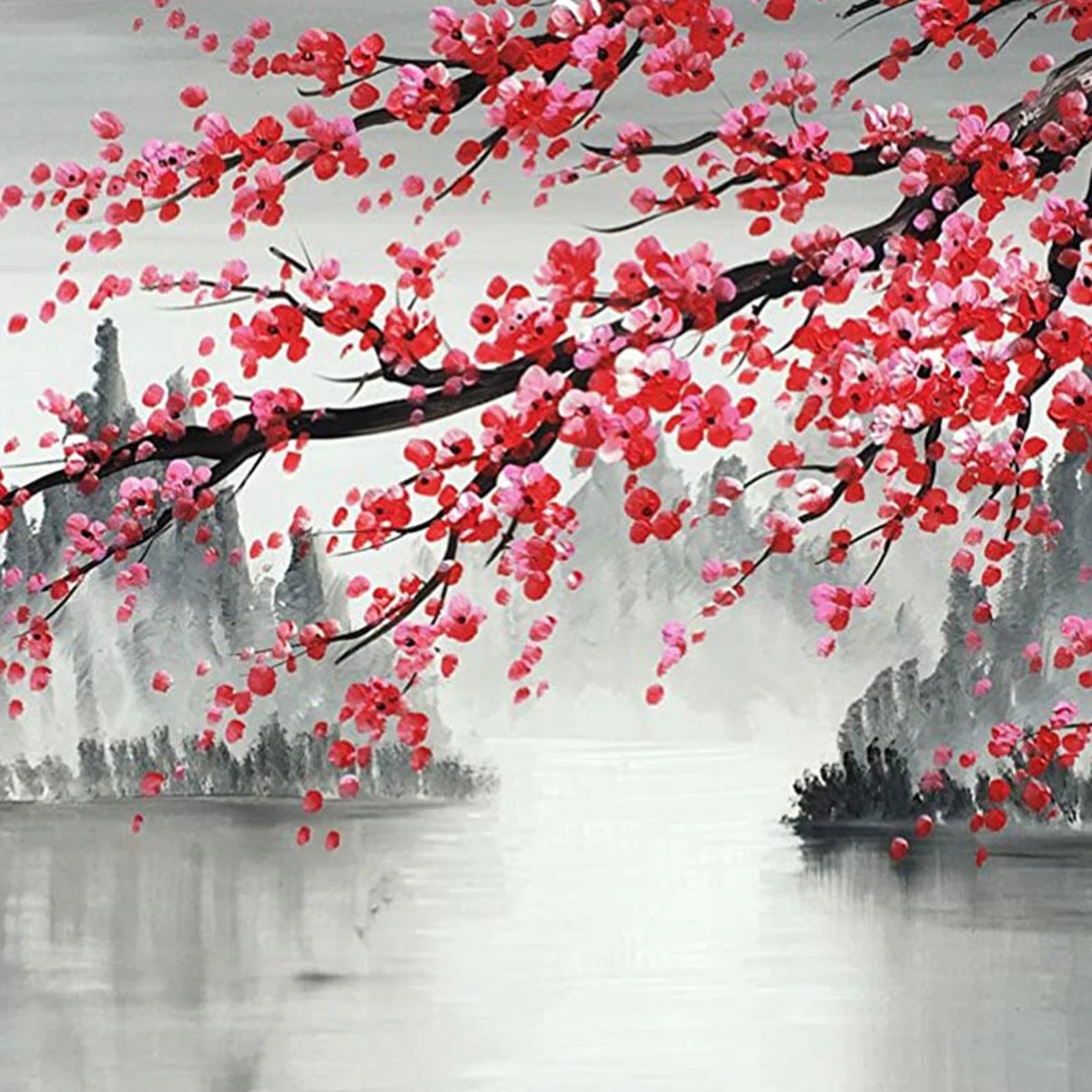 Cherry tree branch art in tranquil living space with muted tones and modern style