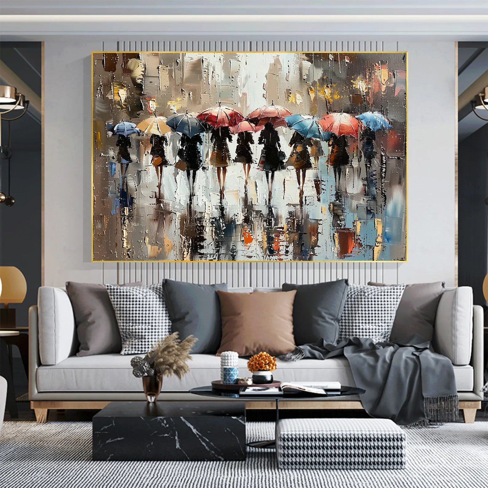 Handmade oil painting of people with umbrellas, perfect for cozy living rooms or modern creative workspaces