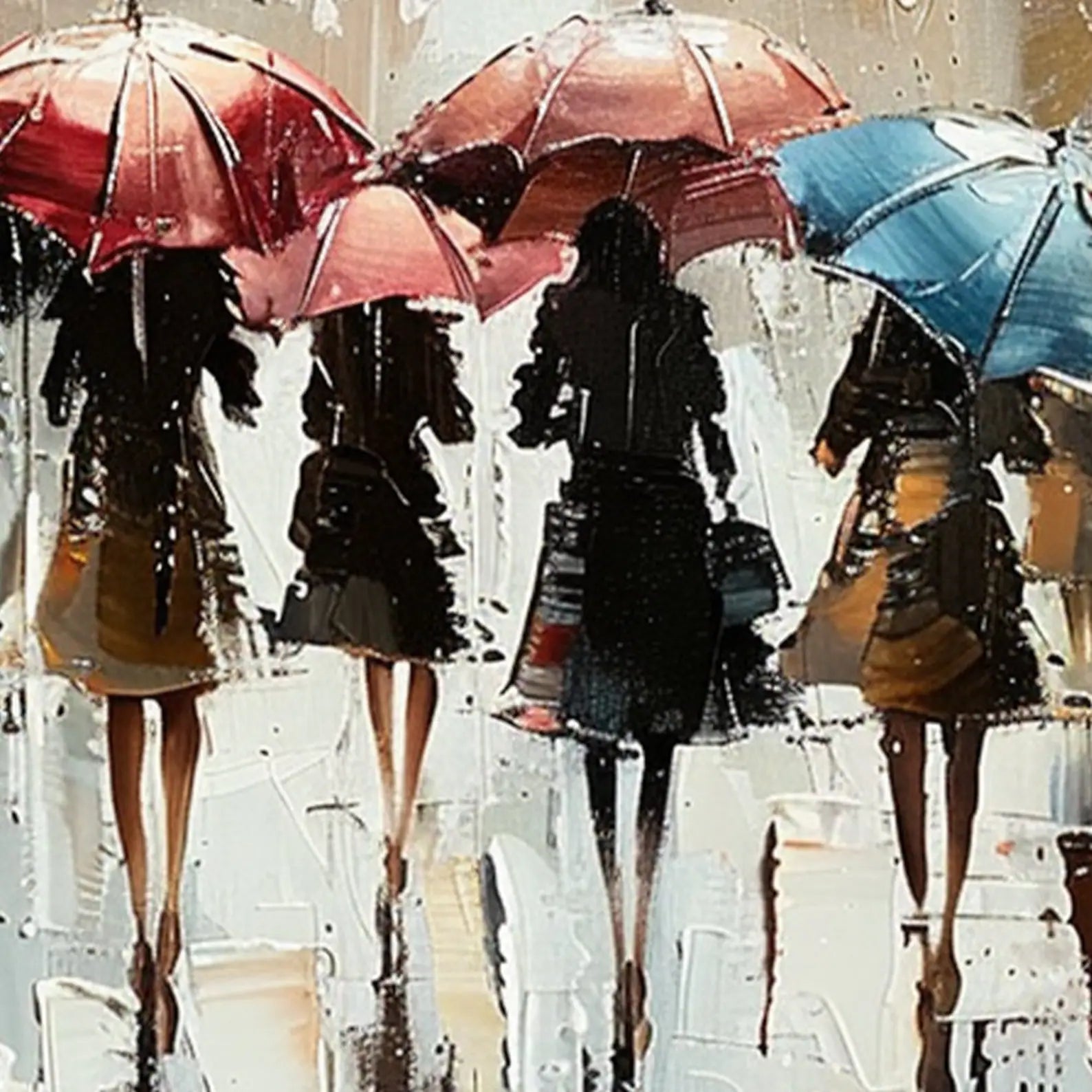 City rain scene with bright umbrellas, oil on canvas, perfect for lobbies or design-conscious apartments