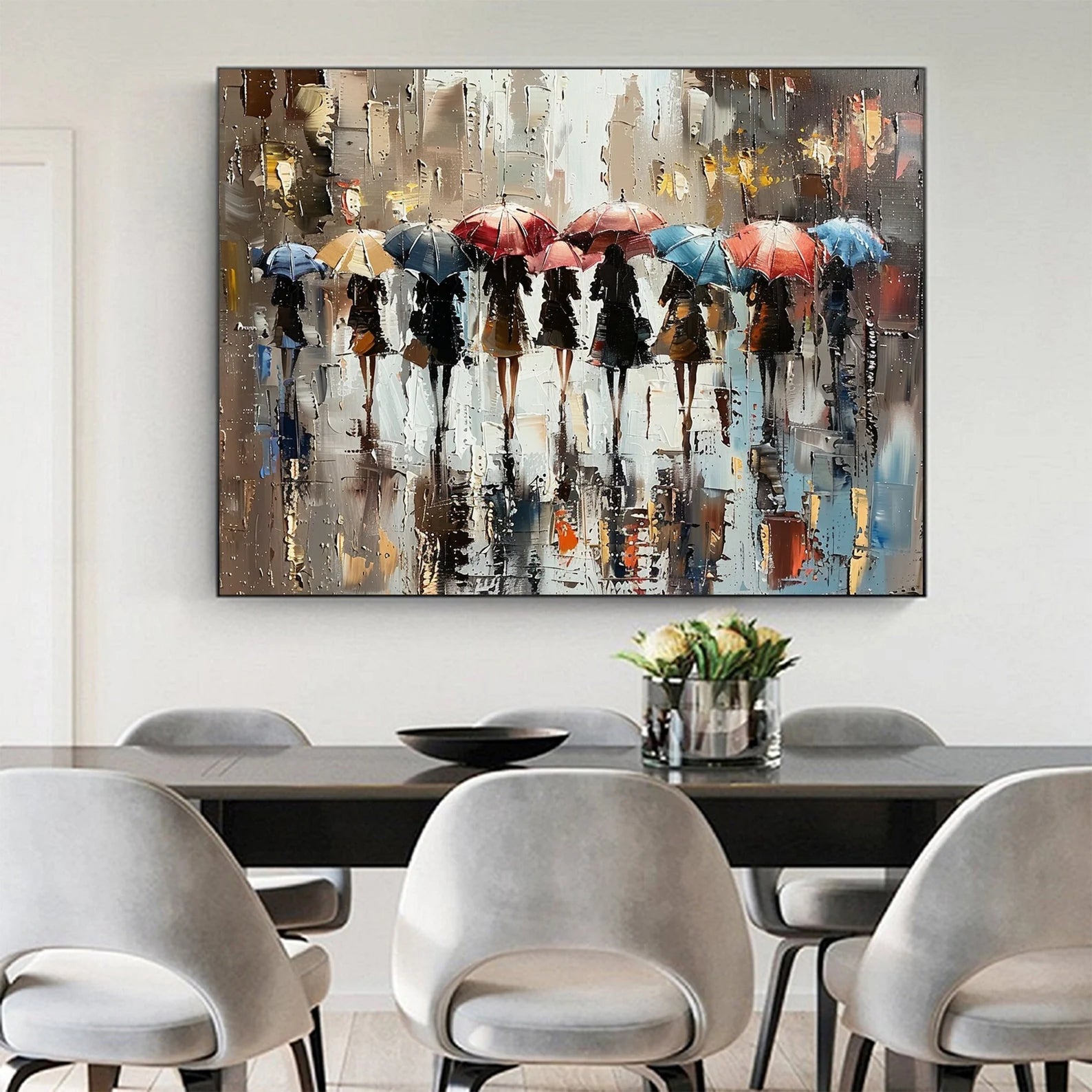 Colorful umbrella crowd painting, handmade in oil, great for contemporary homes or boutique reception areas