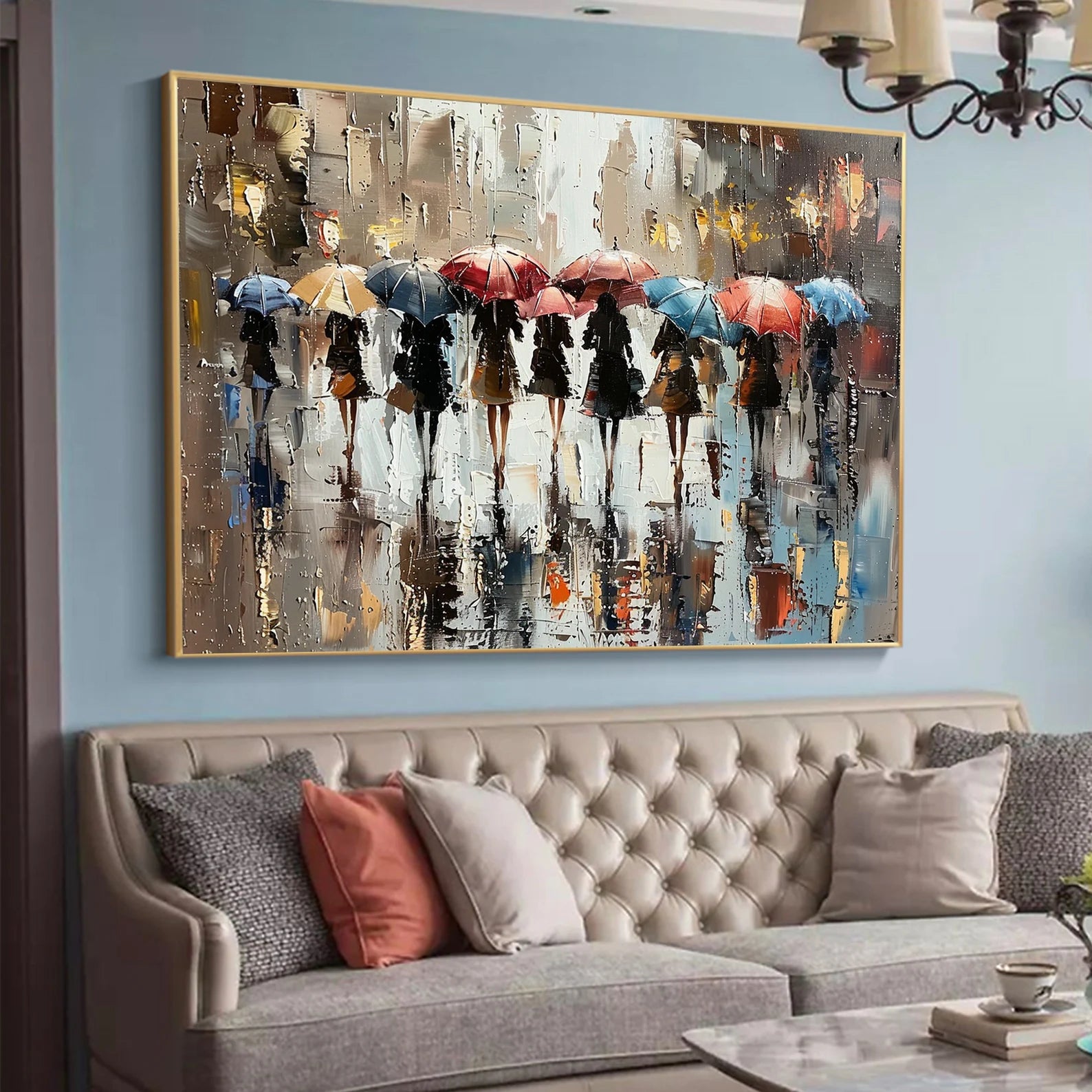 Abstract handmade painting of rainy silhouettes, adds energy to muted interiors or shared living spaces