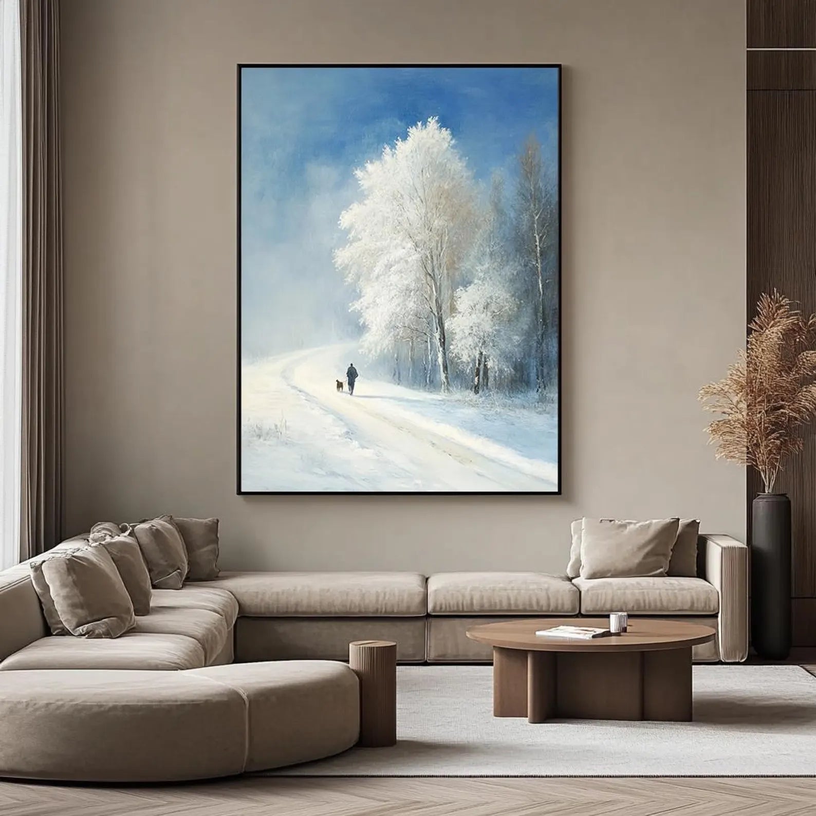 Handmade oil painting of a snowy forest walk, perfect for minimalist living rooms or cozy entryways
