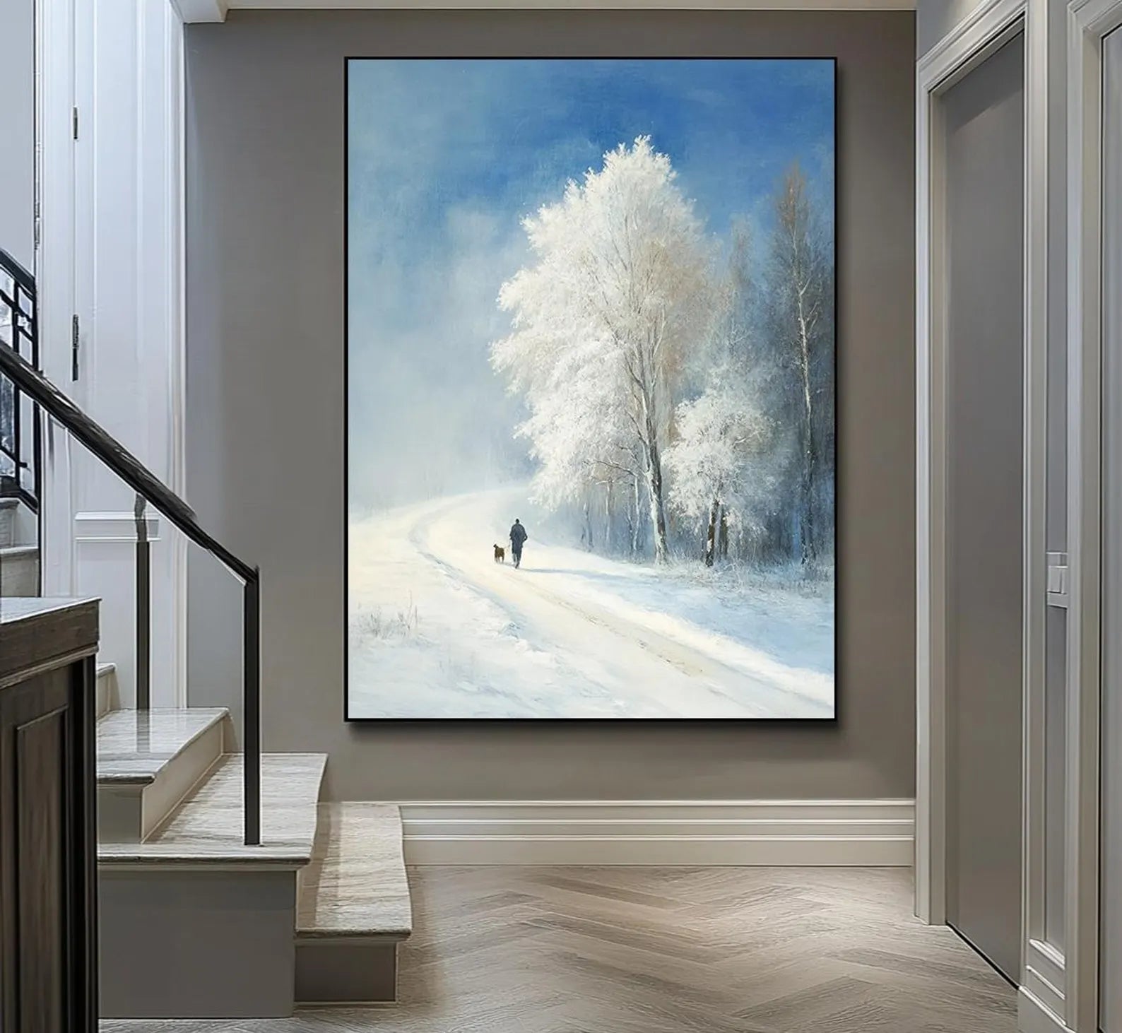 Winter landscape with figure and dog, hand-painted in oil, ideal for neutral-toned hallways or quiet corners