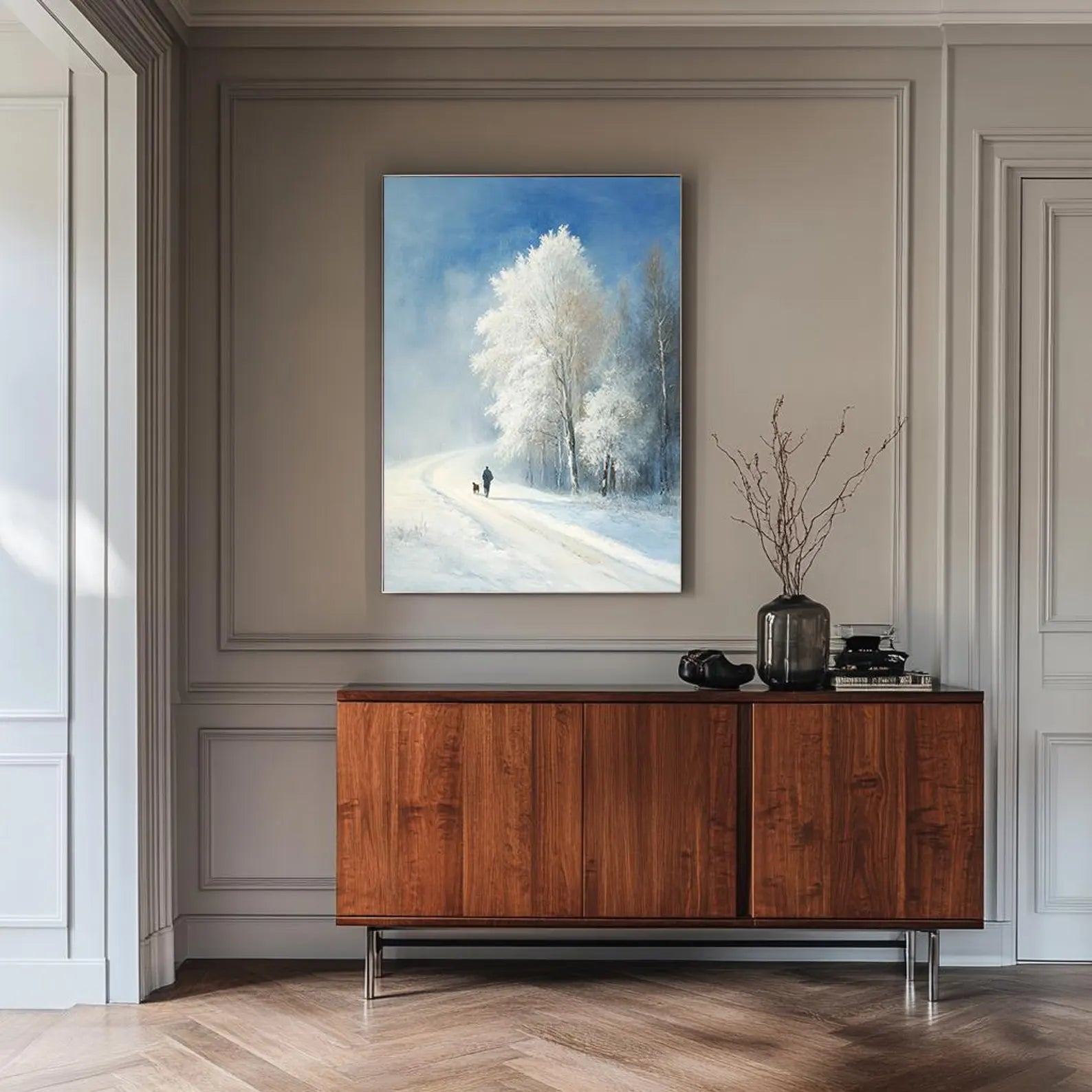 Peaceful winter scene wall art, handmade in oil, great for tranquil bedrooms or warm rustic spaces