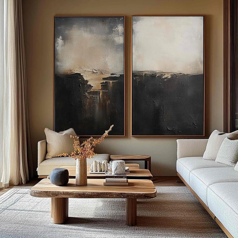 Handmade abstract diptych in black and beige tones, ideal for serene, minimalist living room walls.