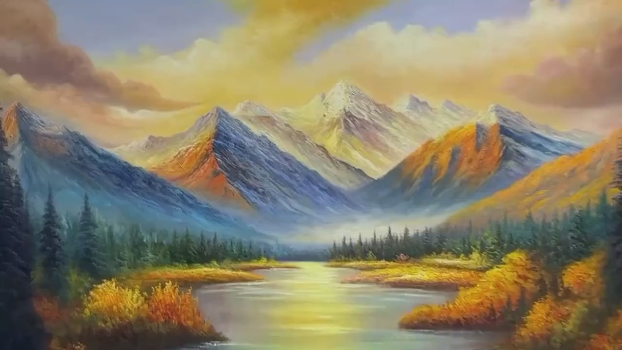 Slow zoom across a hand-painted mountain scene capturing glowing peaks, rich forest textures, and a calm reflective lake—perfect for showcasing in modern rustic or nature-inspired interiors.